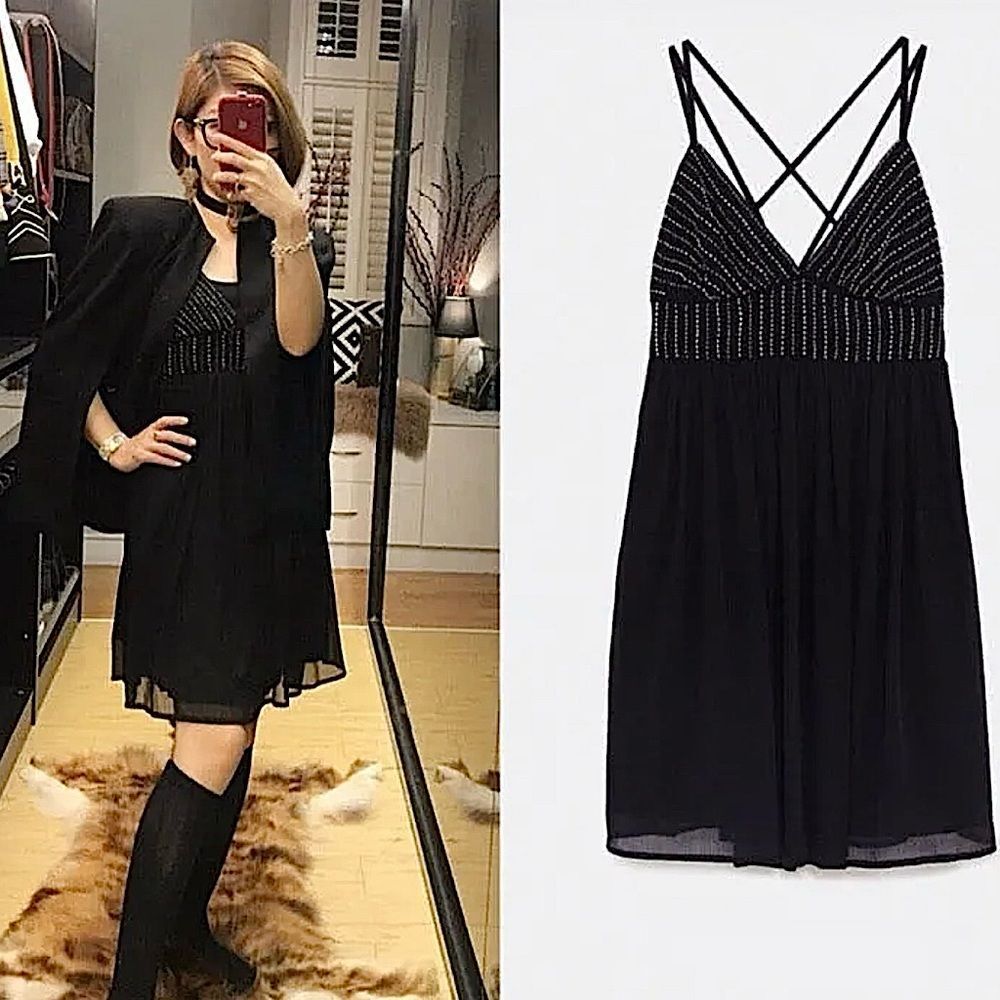 Zara Dress Black Beaded Tulle Sparkly Dress Size Medium - Picture 6 of 12